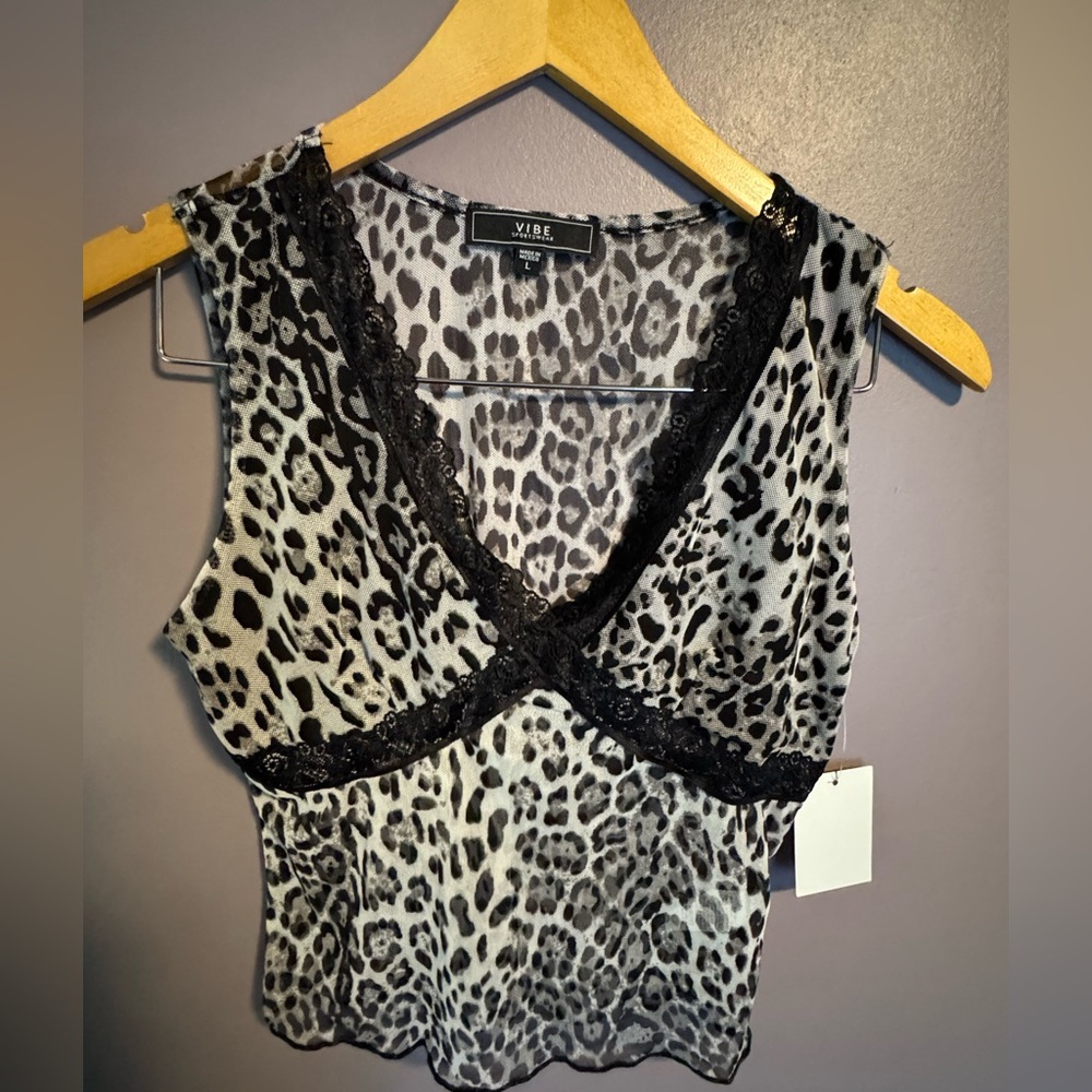 #NWT Leopard Print Lace Trim Mesh Tank Top Size Large